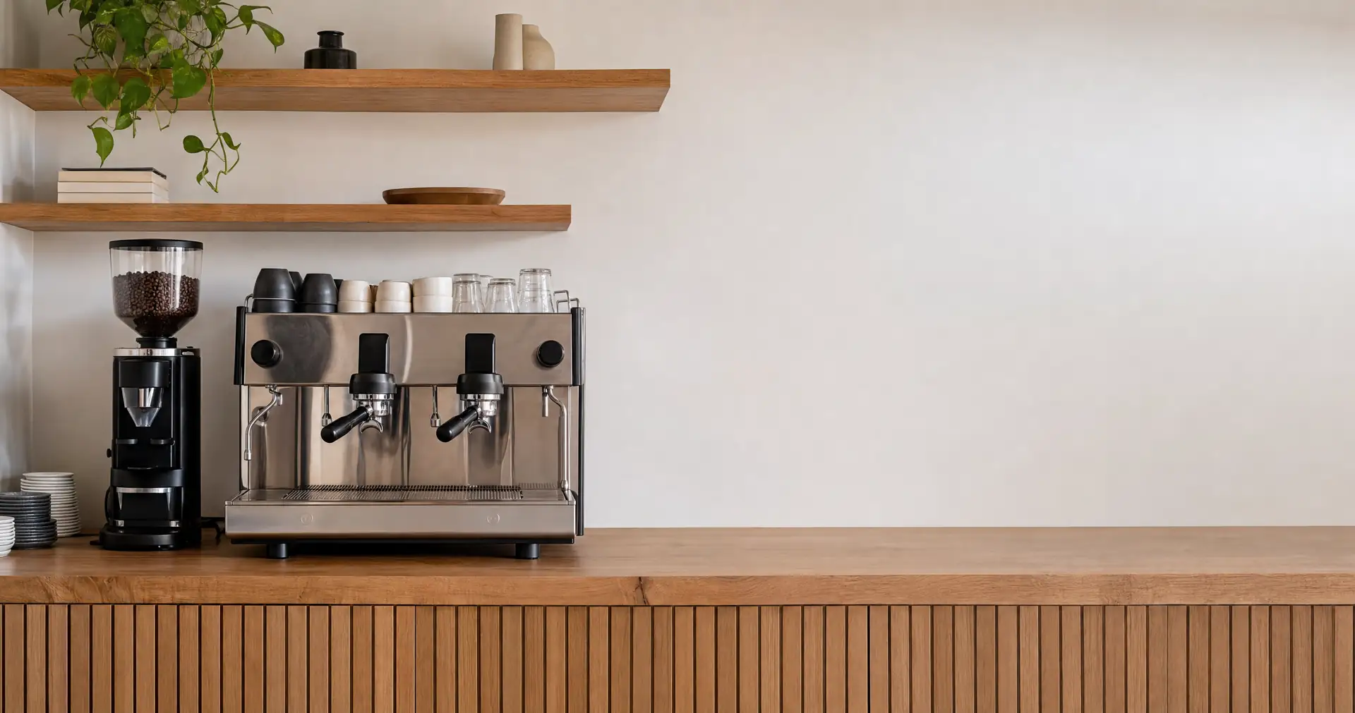 A commercial espresso machine and grinder on a cafe back bench
