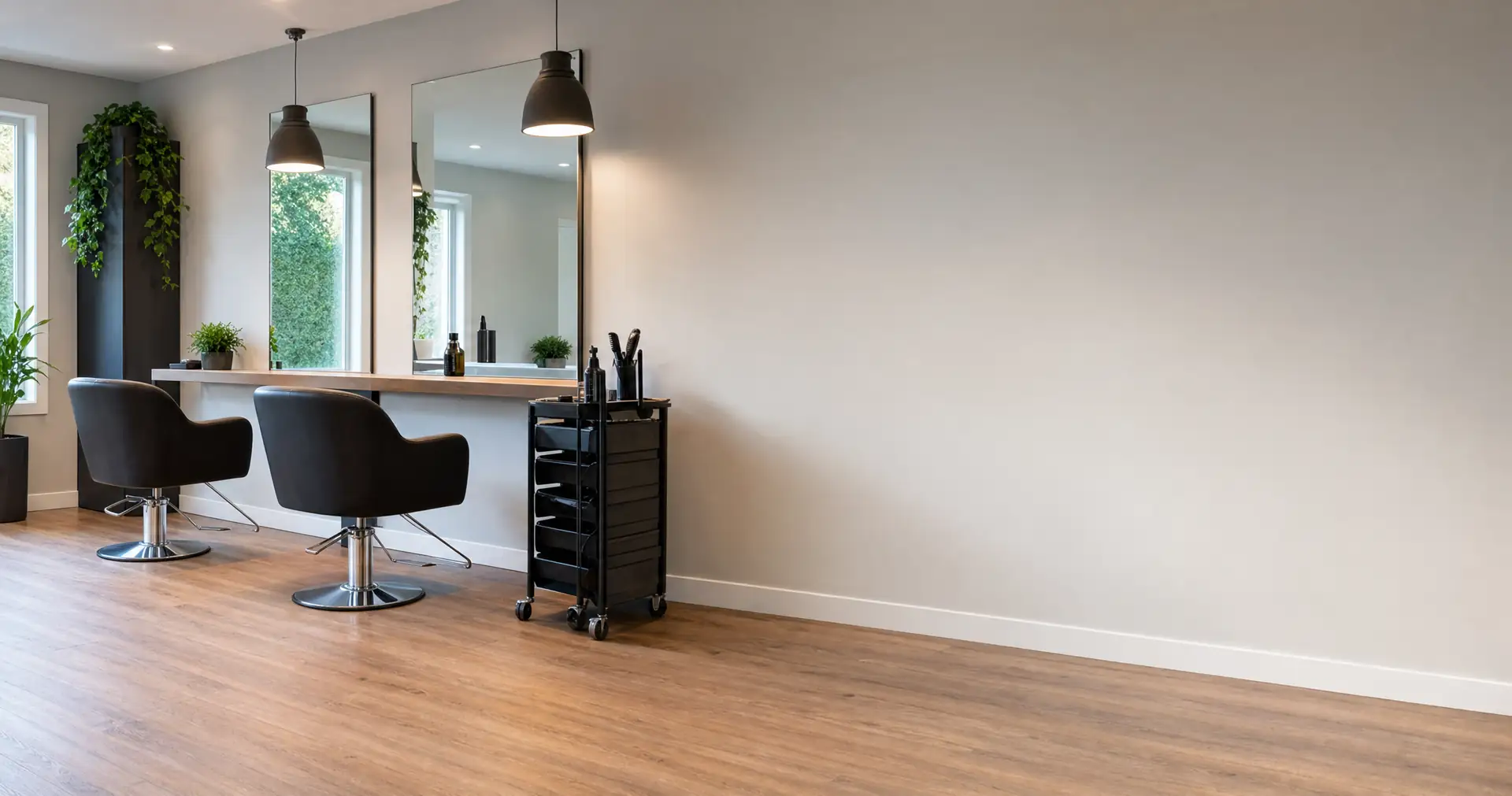 A treatment chair and a trolley of tools in an empty salon room