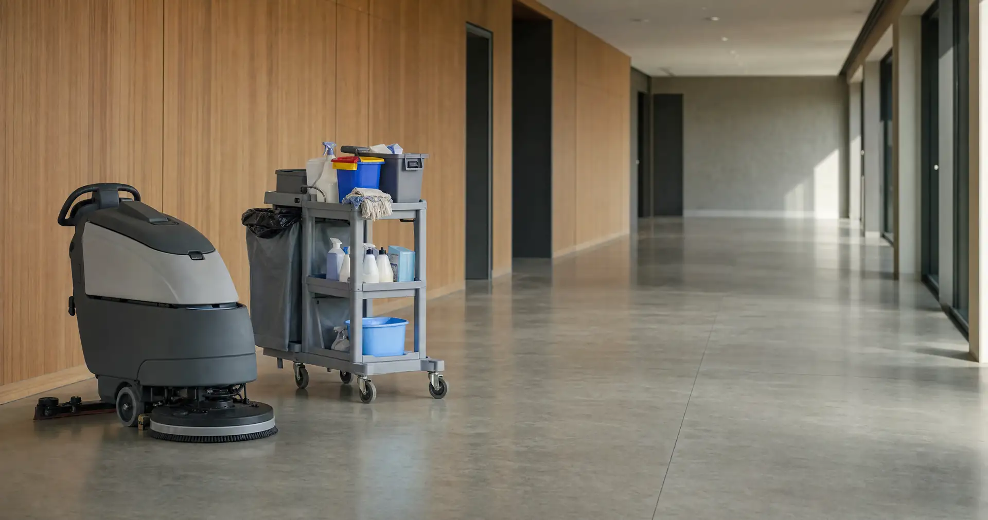 A cleaning trolley and stacked supplies in an empty commercial corridor