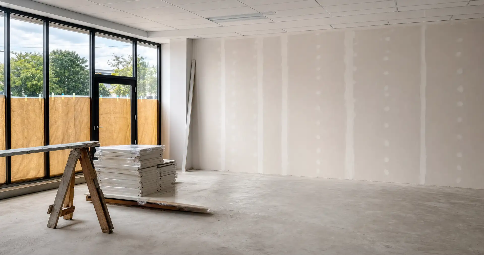 A partly completed interior fitout with framing exposed and materials stacked